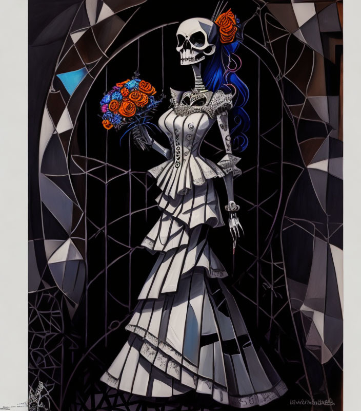 Stylized skeleton in white dress with blue accents and orange flowers, framed by geometric patterns