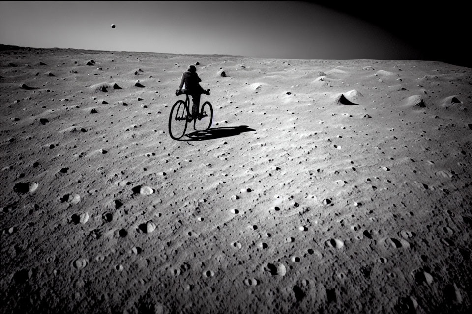 Lonely figure biking on moon-like terrain under dark sky