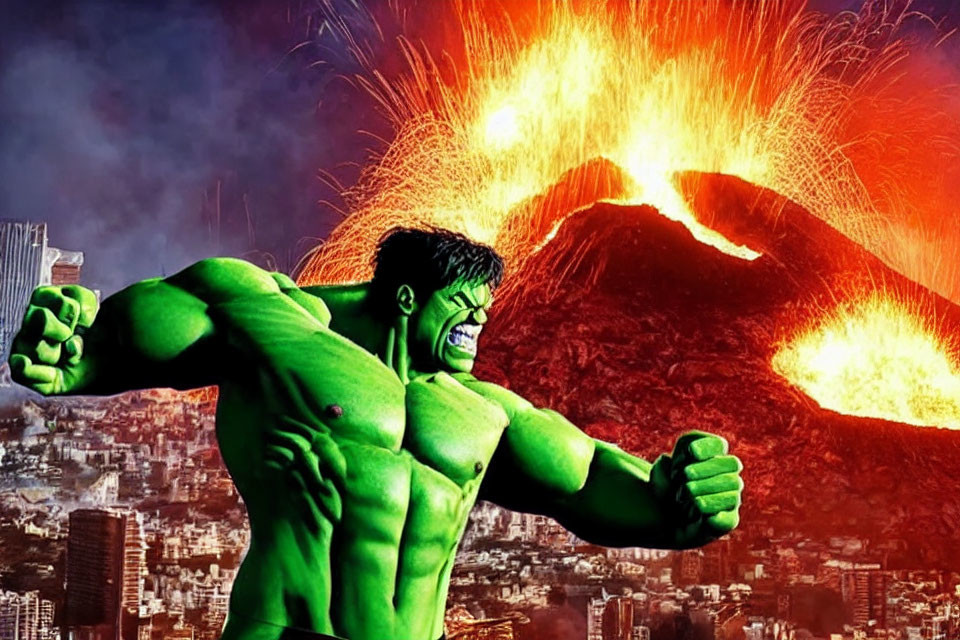 Digital artwork: Hulk with erupting volcano in cityscape at dusk/dawn