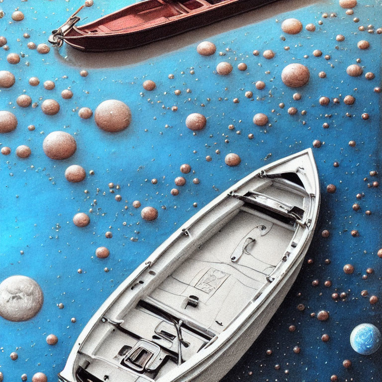 Surreal cosmic scene with two boats and planets on blue surface