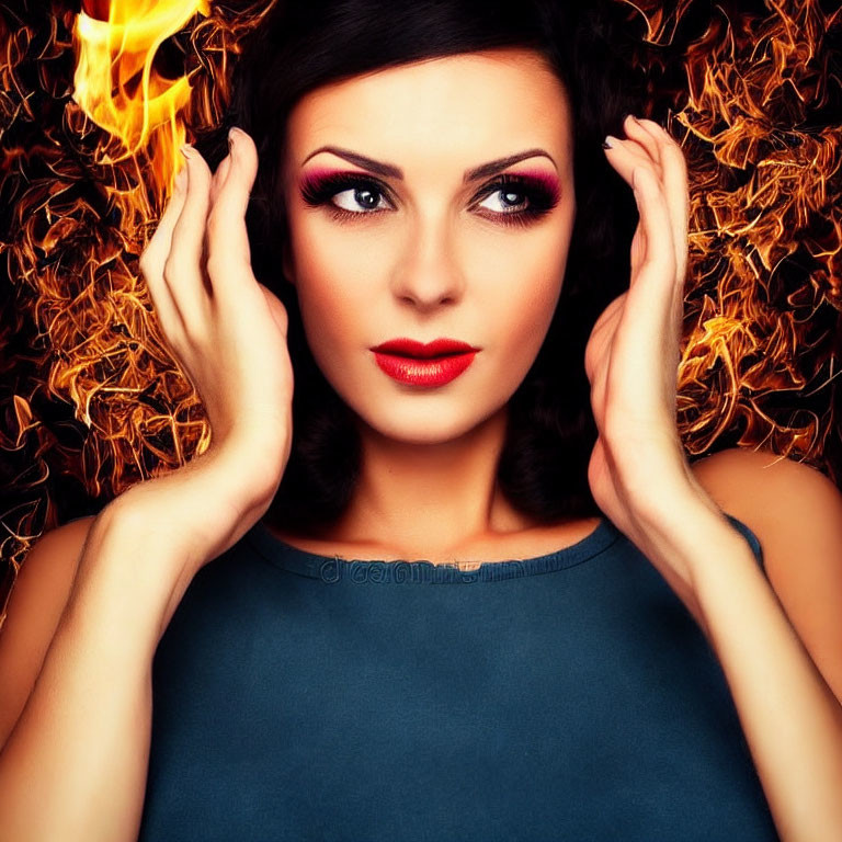 Woman with dramatic makeup surrounded by stylized flames on dark background