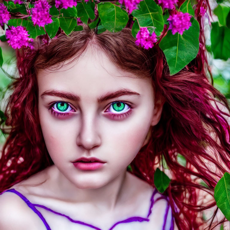 Red-haired girl with green eyes and floral hair accessory on blurred green backdrop