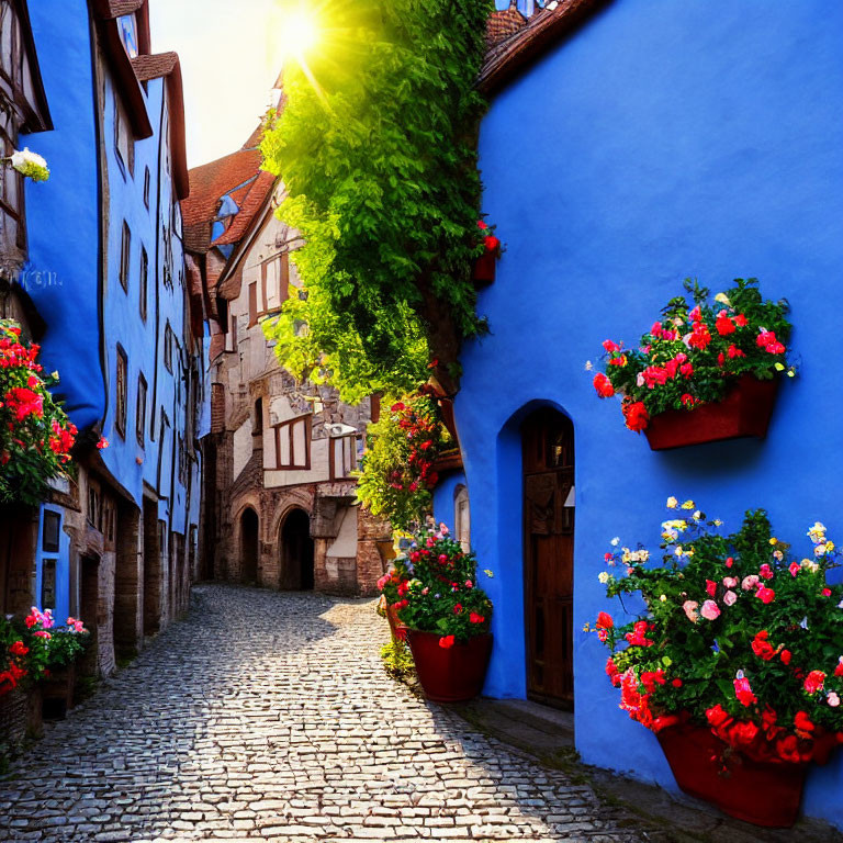 Historic Village: Cobblestone Street, Blue Buildings, Blooming Flower Pots