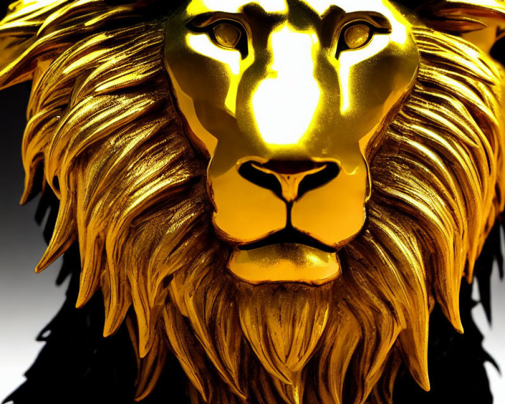 Golden lion sculpture with glowing mane and dramatic lighting on dark background