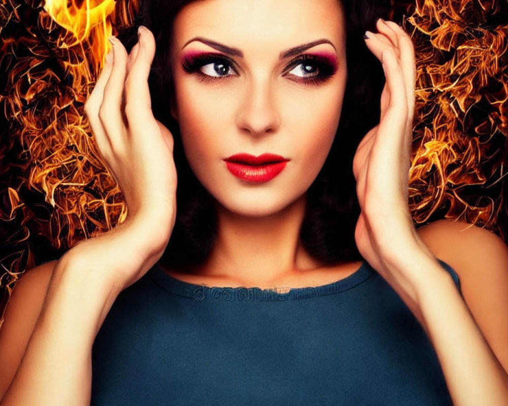 Woman with dramatic makeup surrounded by stylized flames on dark background