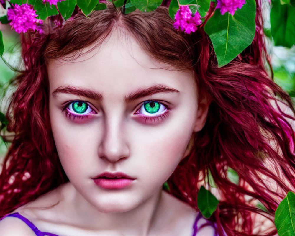 Red-haired girl with green eyes and floral hair accessory on blurred green backdrop