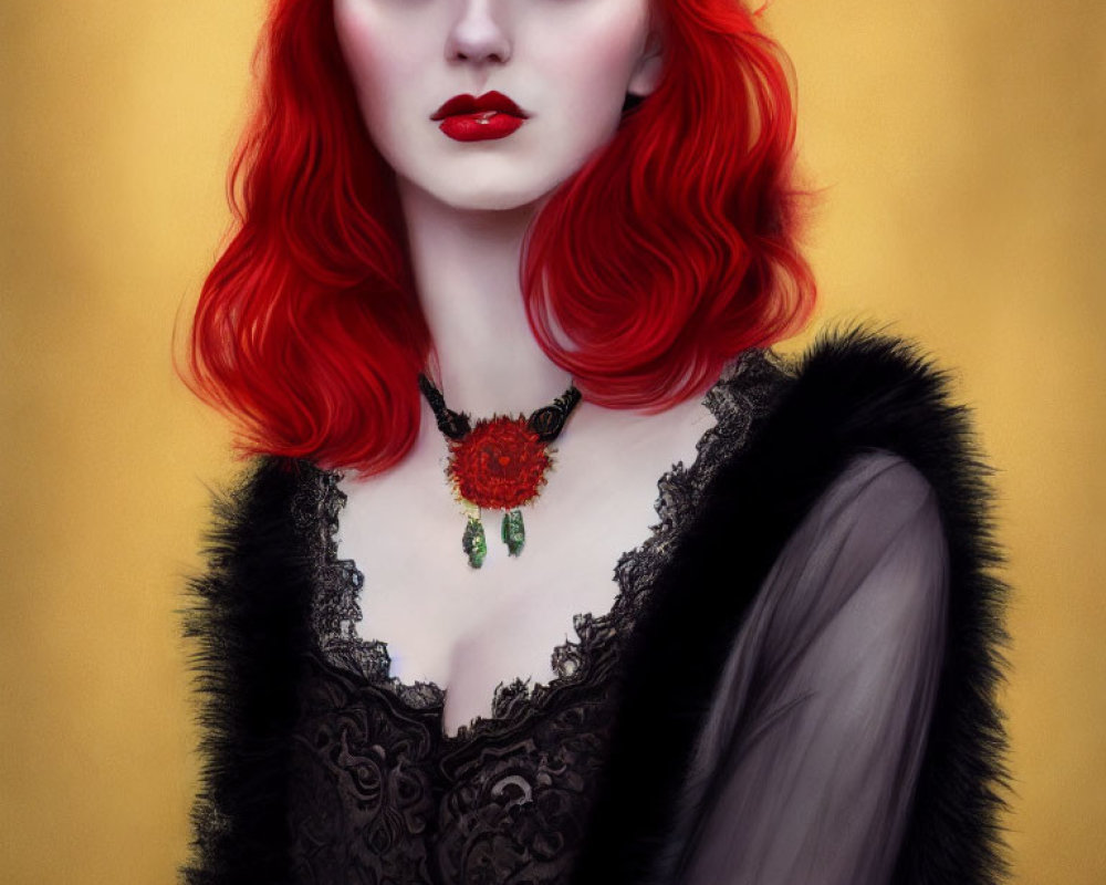 Digital portrait of woman with red hair, fair skin, red lips, lace dress, bold necklace,