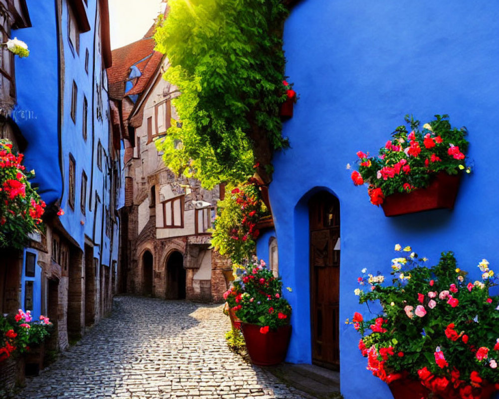 Historic Village: Cobblestone Street, Blue Buildings, Blooming Flower Pots