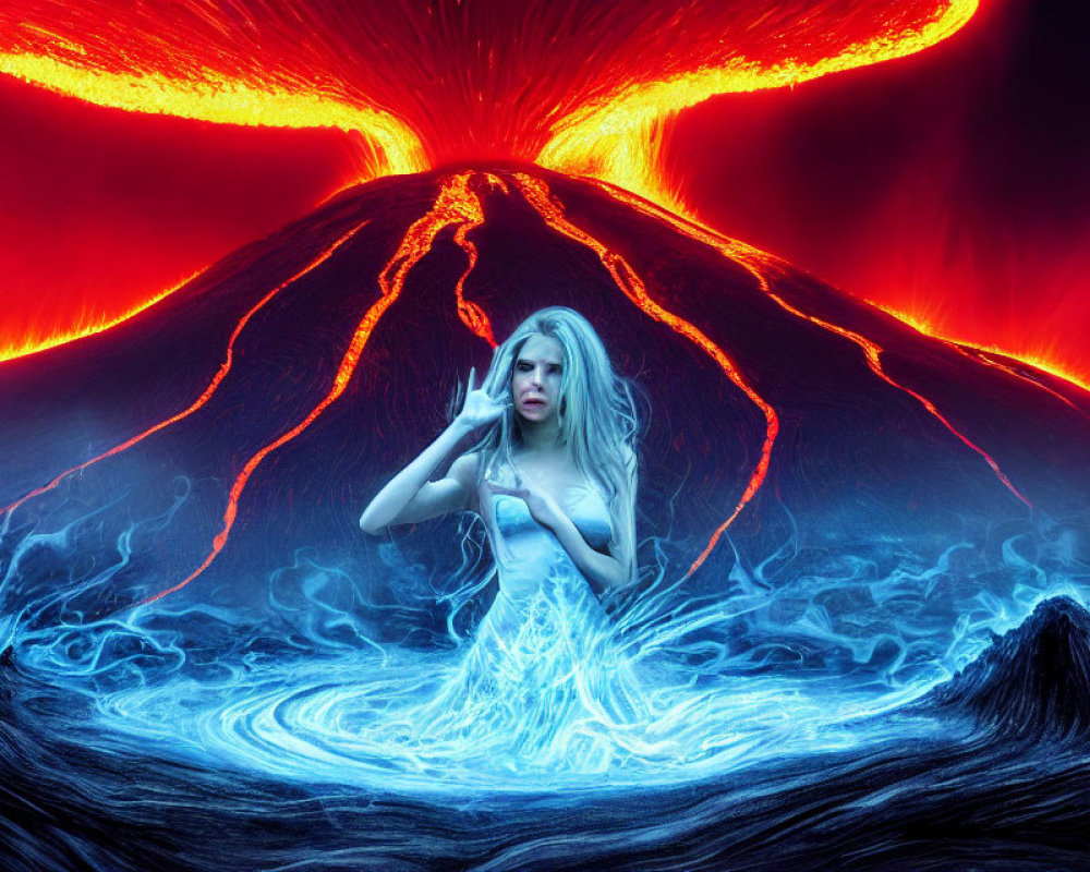 Fantasy scene: Woman in light swirls at erupting volcano