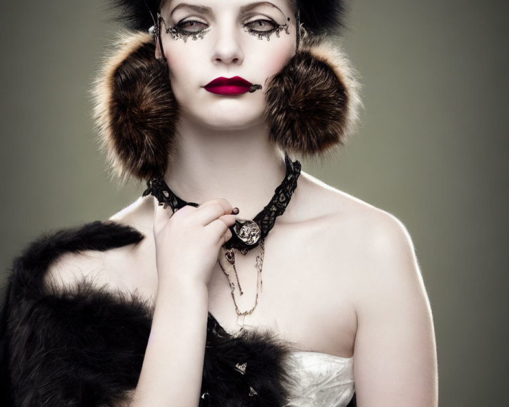 Pale-skinned woman with dark eye makeup and red lipstick in fur earmuffs and stole, black hat