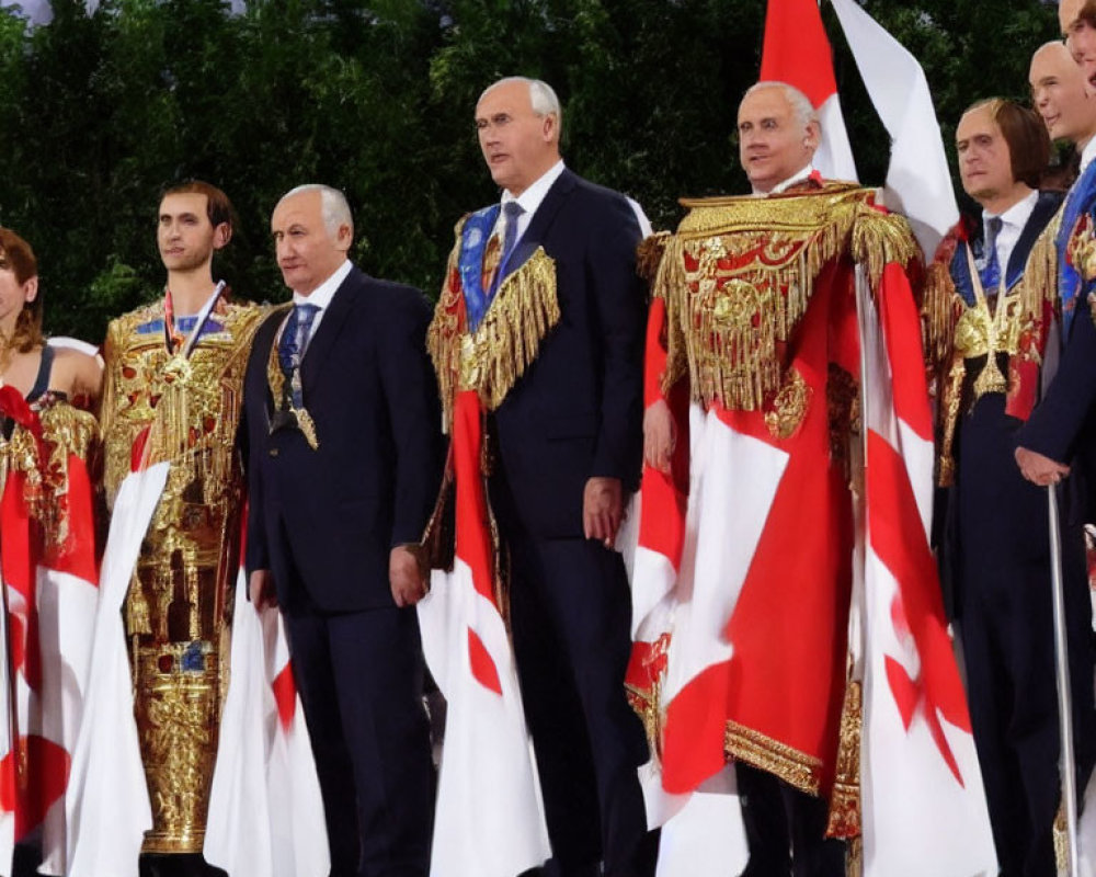 Elaborately dressed individuals with awards on podium with flags