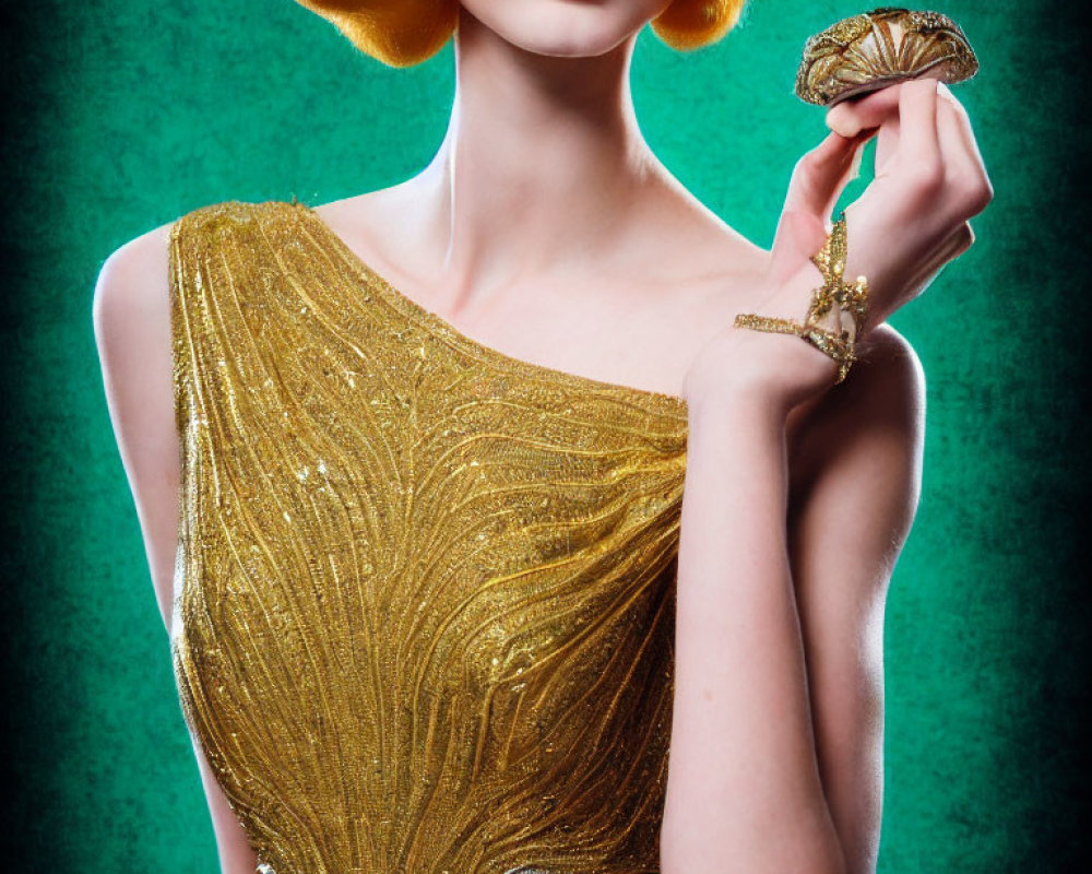 Vibrant yellow-haired woman in gold sequin dress with decorative object