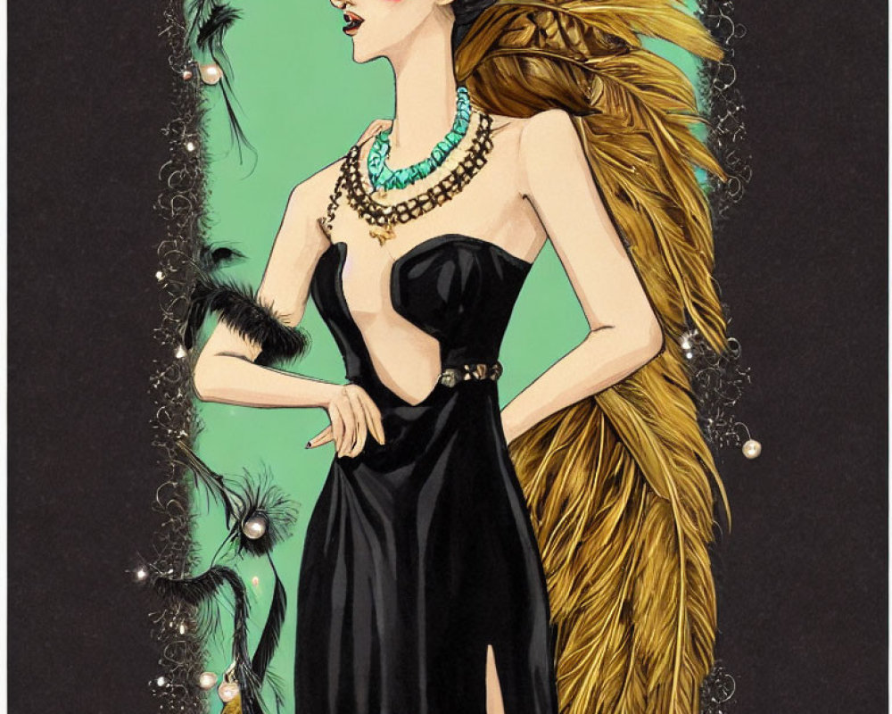 Glamorous woman in black dress with golden feathered backpiece and pearls holding feather