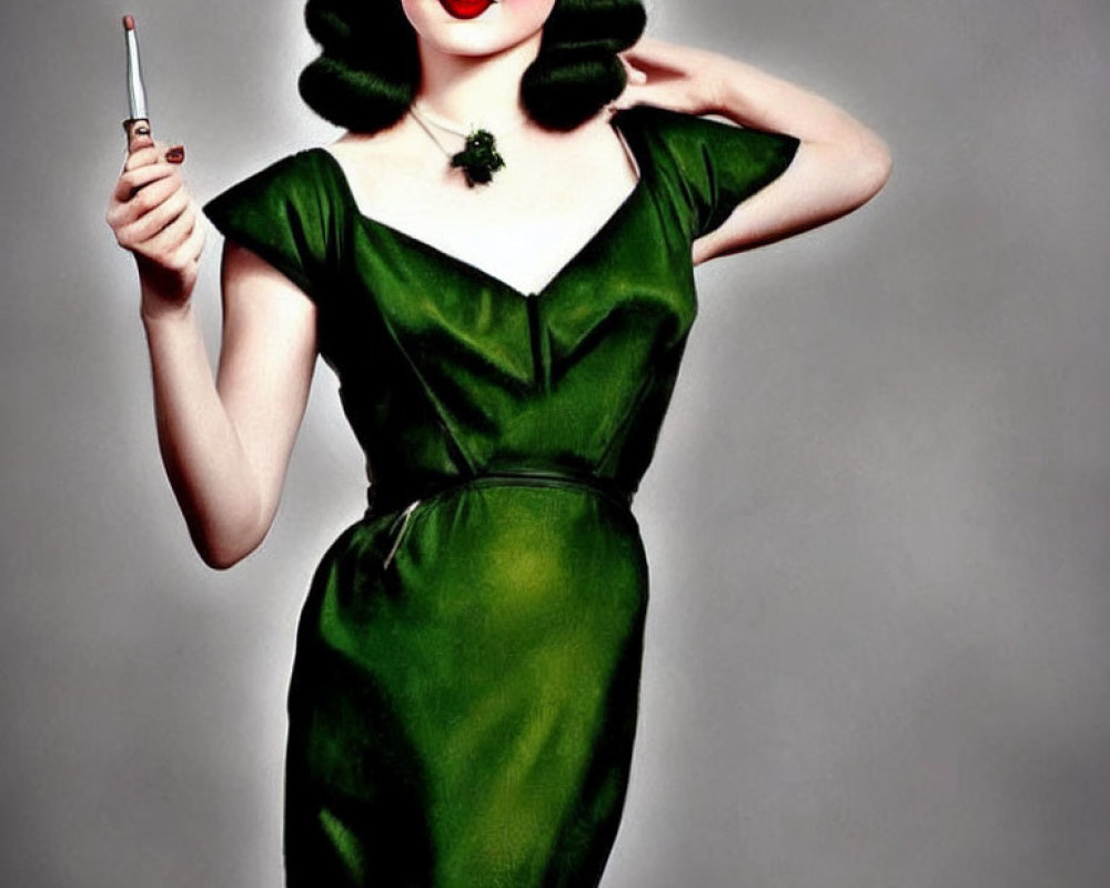 Illustration of woman with exaggerated curls and makeup in green dress with cigarette holder