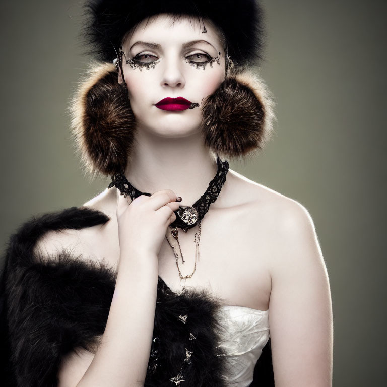 Pale-skinned woman with dark eye makeup and red lipstick in fur earmuffs and stole, black hat