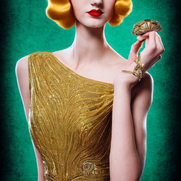 Vibrant yellow-haired woman in gold sequin dress with decorative object