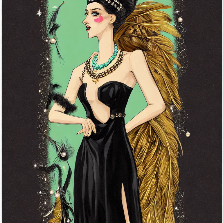 Glamorous woman in black dress with golden feathered backpiece and pearls holding feather