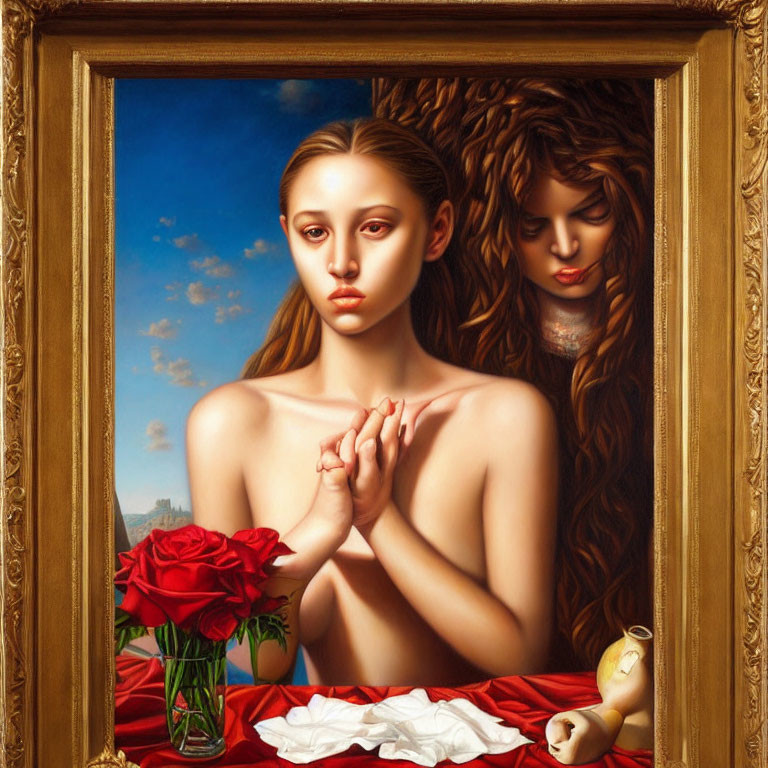 Pensive woman with folded hands, vibrant red roses, and secondary figure.