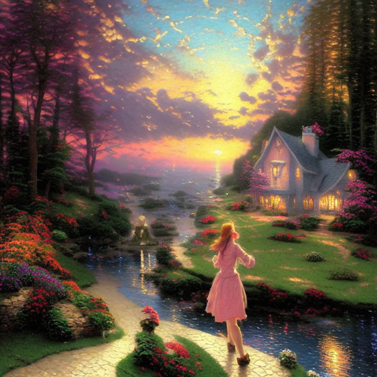 Colorful sunset painting of woman walking to cottage by stream