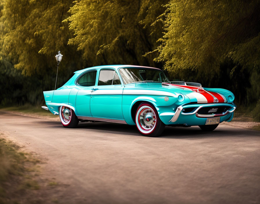 Vintage turquoise car with white and red stripes and chrome details parked on a road with green trees