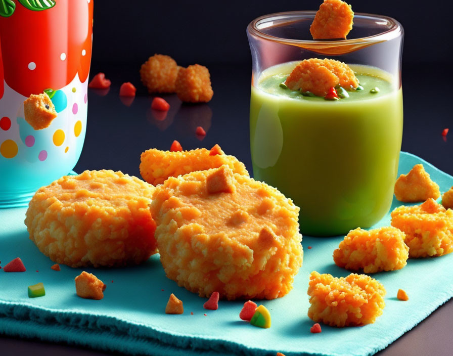 Cheese crackers, green smoothie, sprinkles, and beverage can on a table