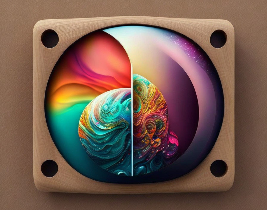 Abstract digital artwork in square wooden frame with swirling colors on tan background