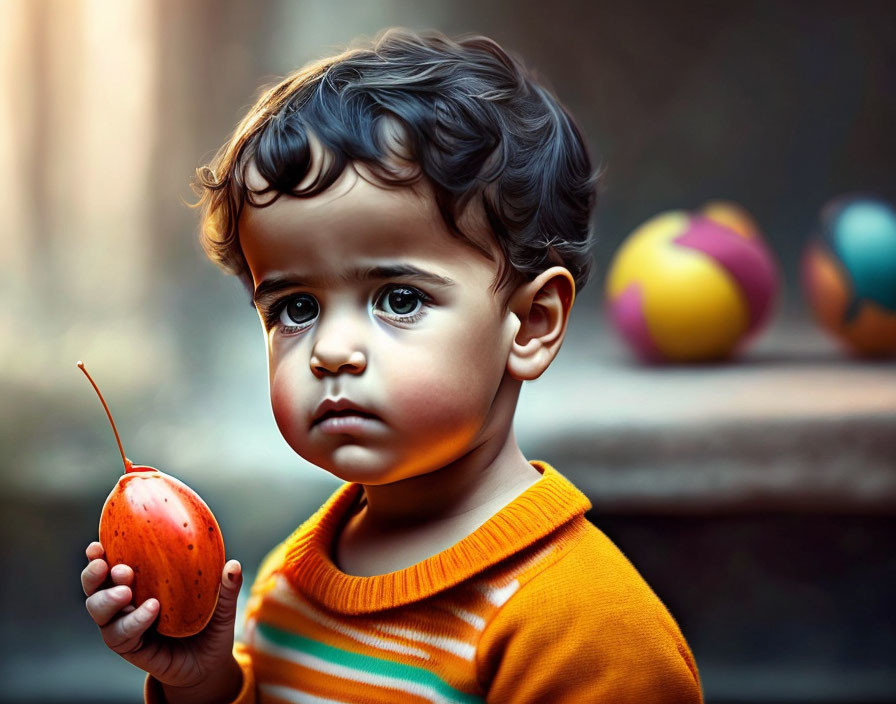 Curly-Haired Toddler Holding Fruit with Colorful Background