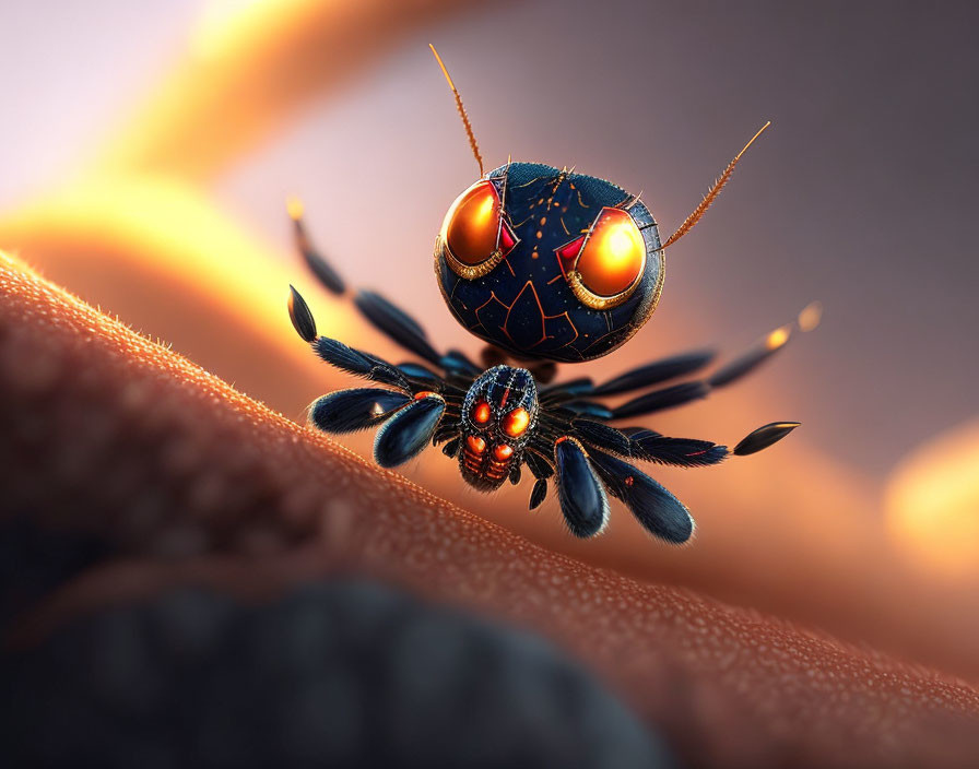 Stylized mechanical insect with ornate patterns on orange background