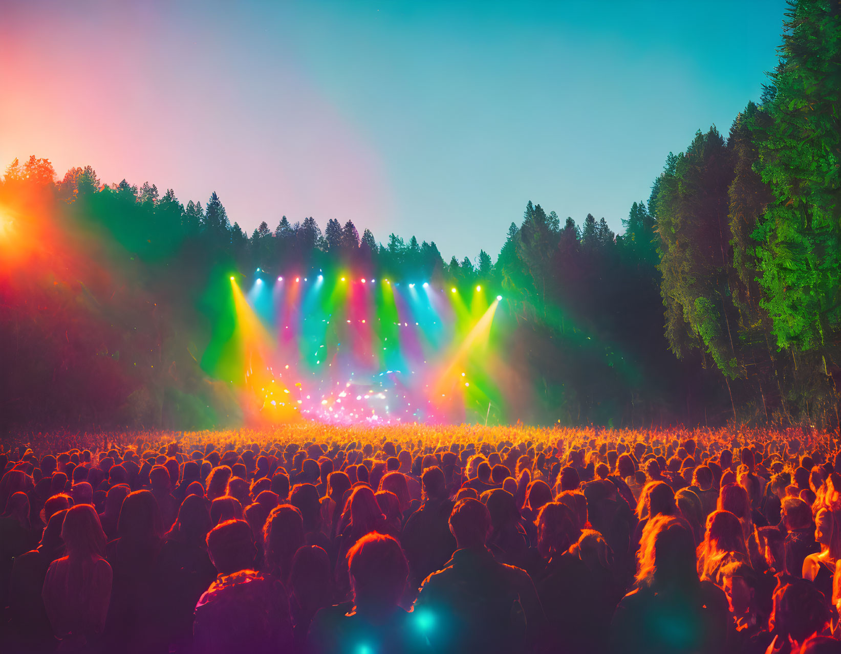 Vibrant outdoor music festival stage at dusk surrounded by trees