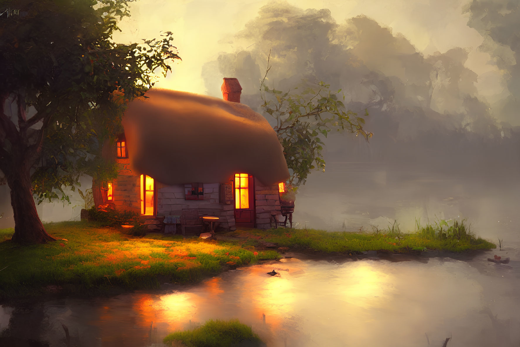 Quaint Thatched Cottage by Serene River at Dusk