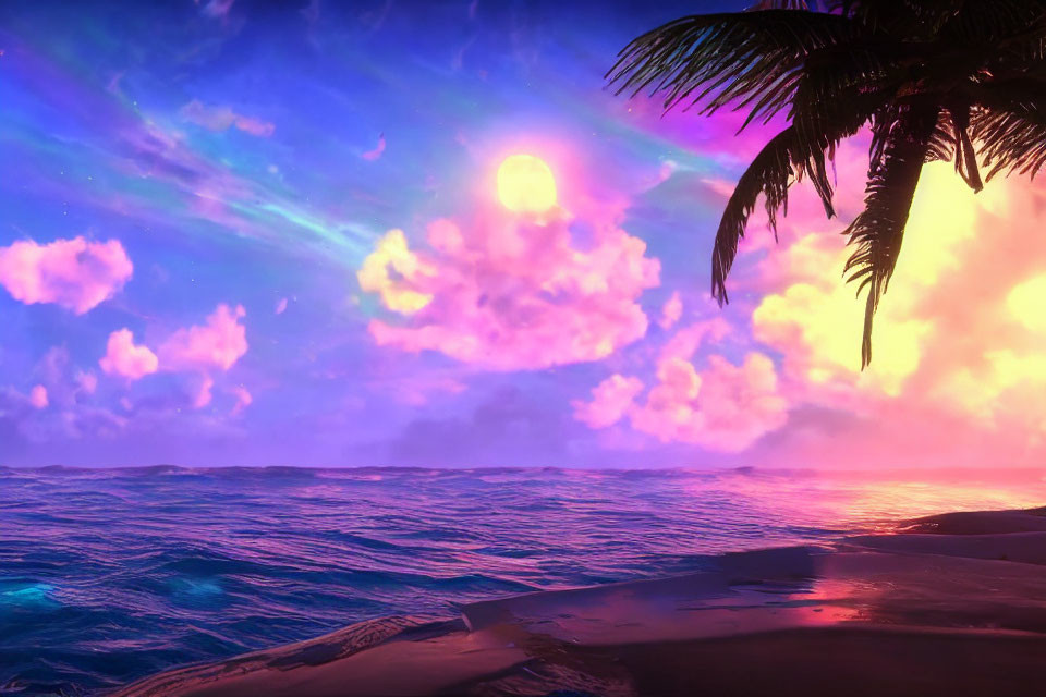 Colorful sunset beach scene with palm tree silhouettes and bright sun