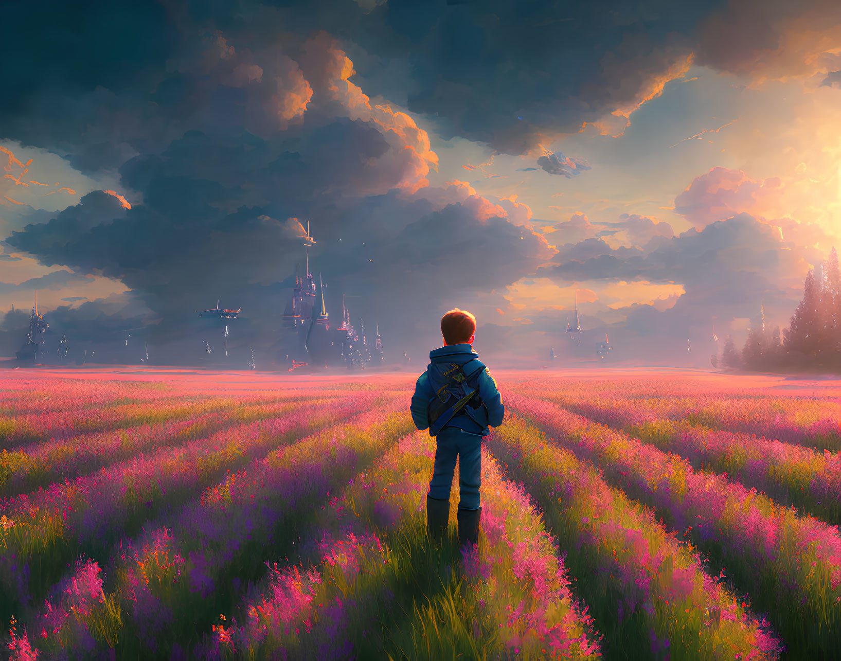 Child in lavender field gazes at futuristic cityscape at sunset