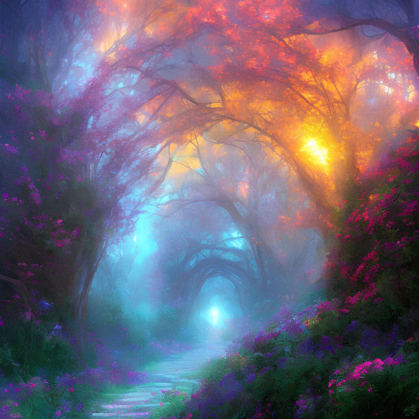 Enchanting forest path with vibrant trees and glowing lights