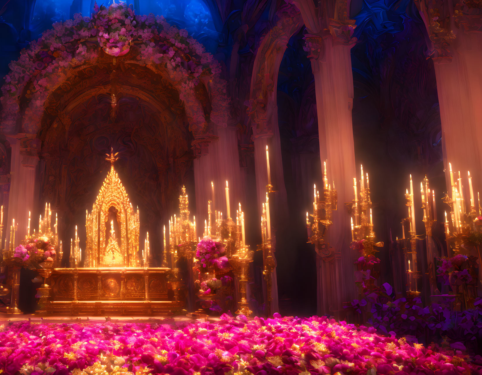 Gothic cathedral with flowers and candles creating warm glow