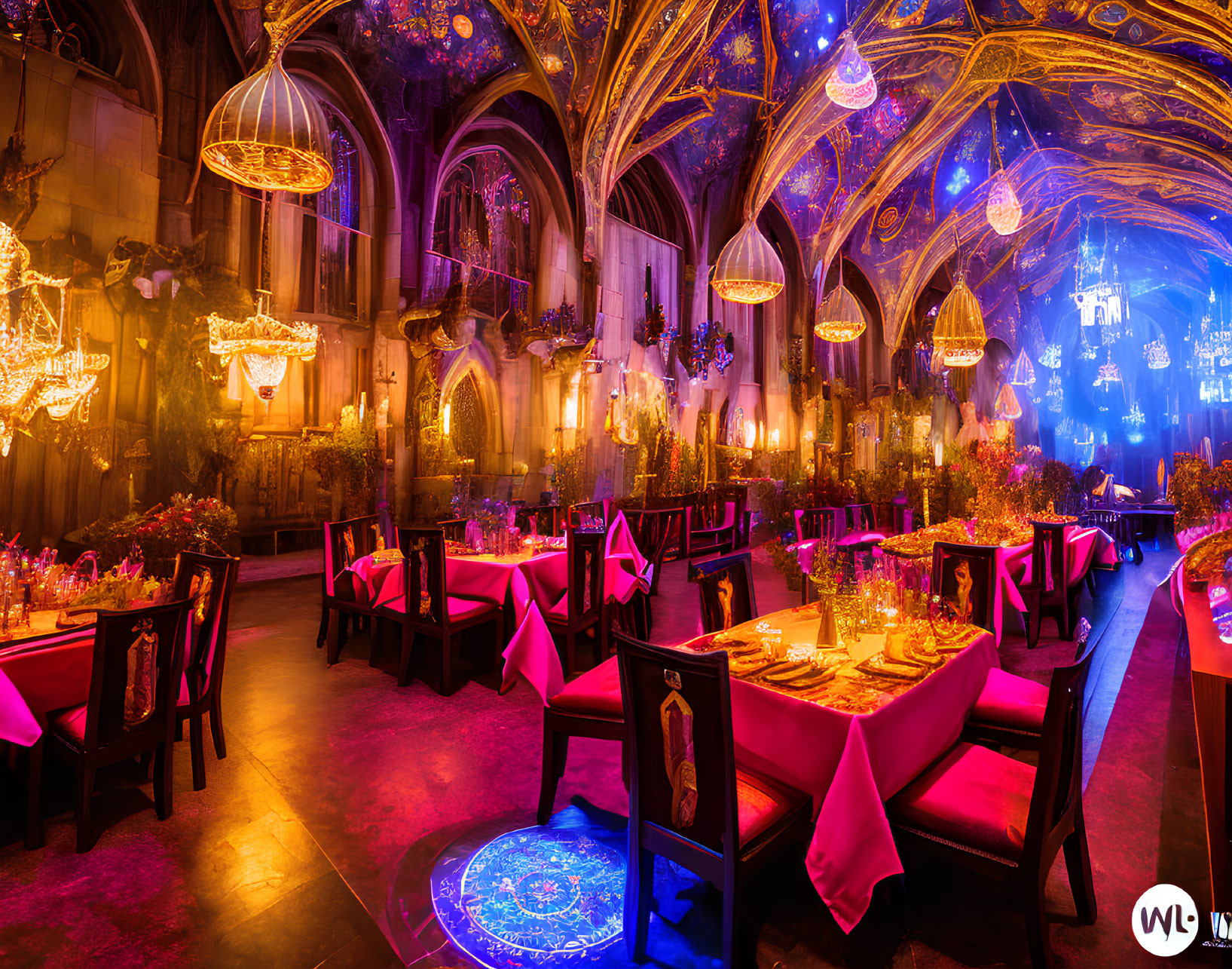 Gothic banquet hall with chandeliers and starry ceiling projection