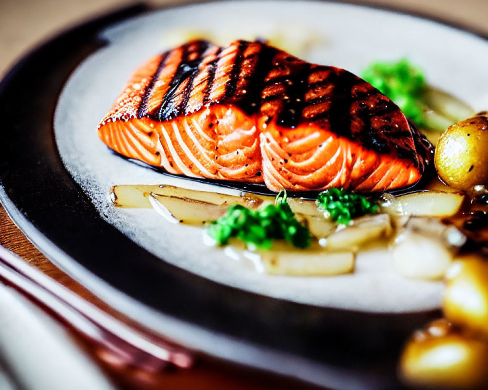 Fresh Grilled Salmon Fillet with Herbs, Almonds, and Potatoes