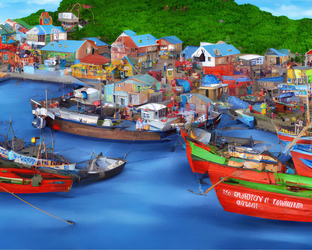 Picturesque Waterfront Village with Colorful Boats and Houses on Calm Blue Bay