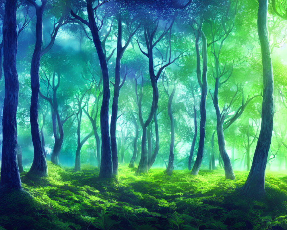 Vibrant green foliage in mystical forest with ethereal blue light and lush ferns