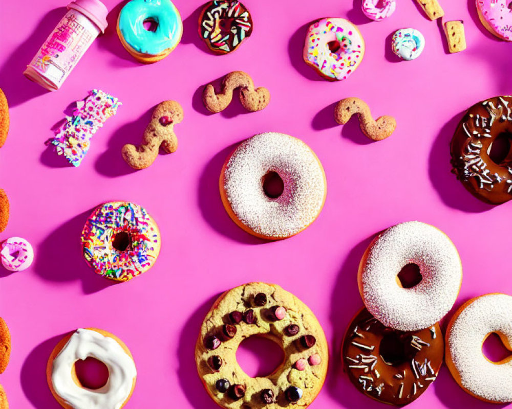 Colorful Assorted Donuts on Vibrant Pink Background