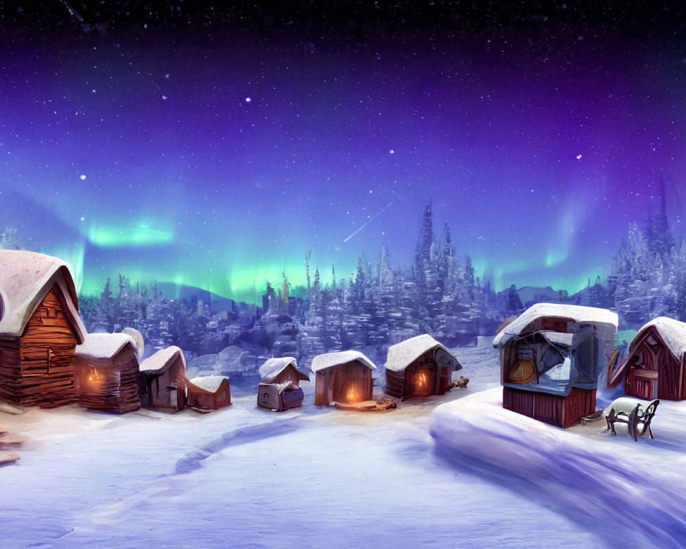 Winter village scene with cabins under Northern Lights