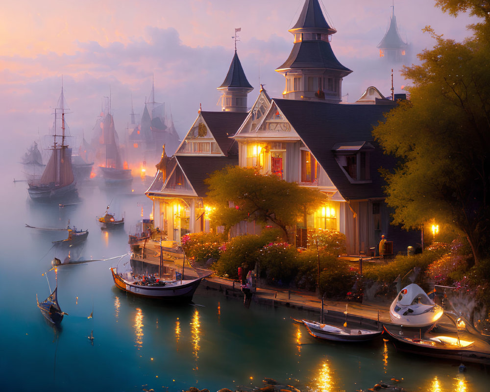 Serene harbor at twilight with Victorian-style building, boats, and pastel sky