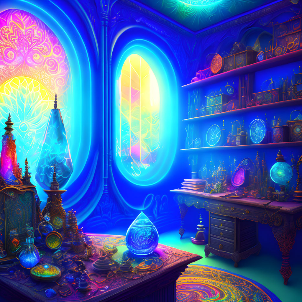 Mystical room with glowing neon colors and magical objects