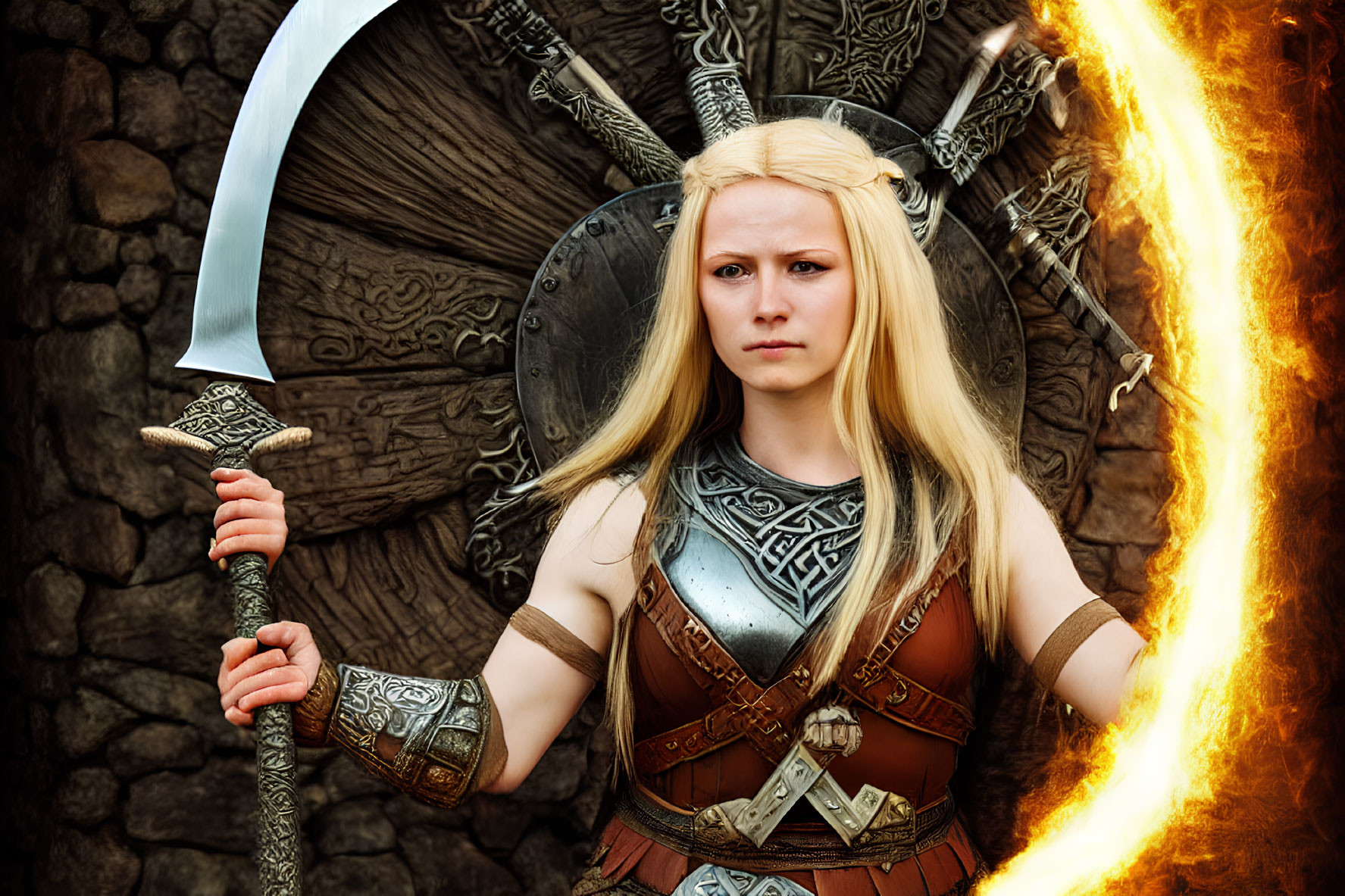 Blonde Warrior Woman with Sword and Shield Beside Fiery Portal