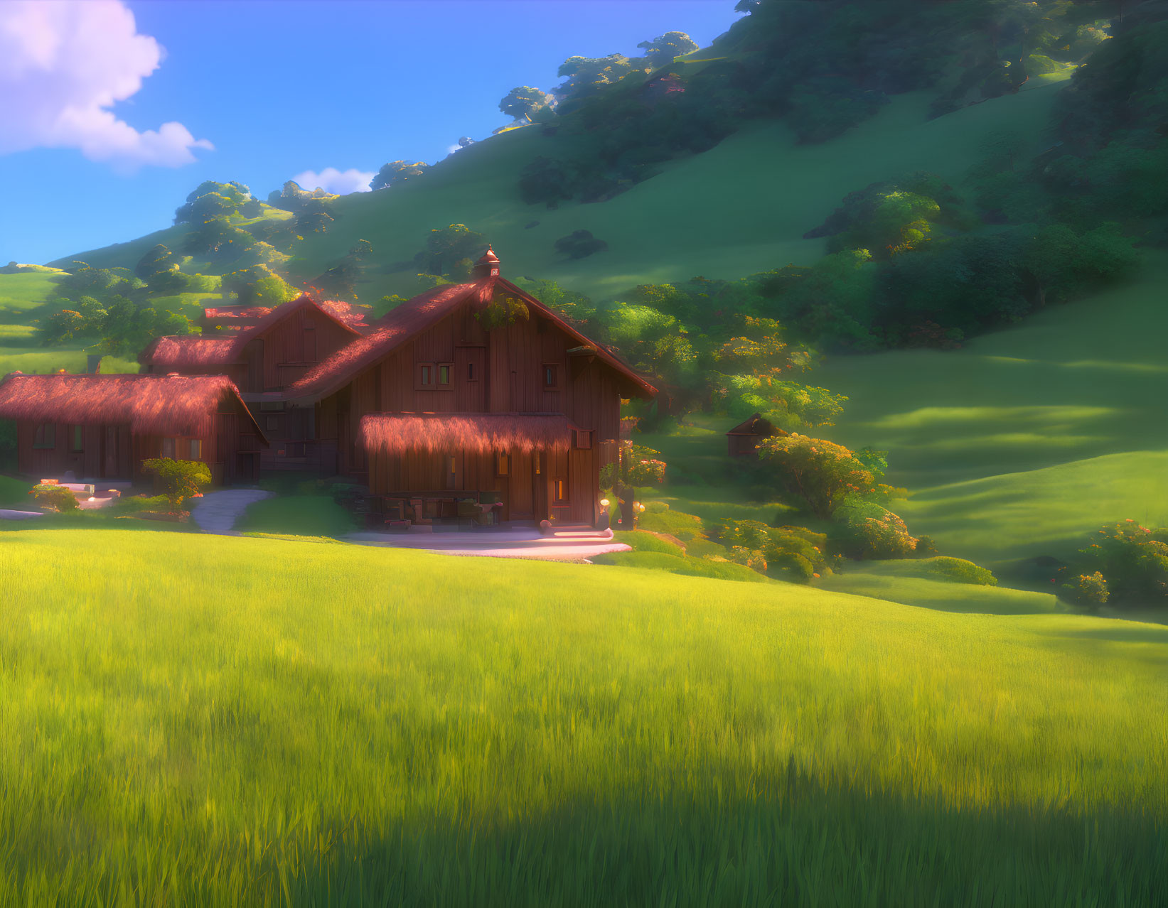 Tranquil 3D-rendered landscape: Rustic wooden house in lush green hills