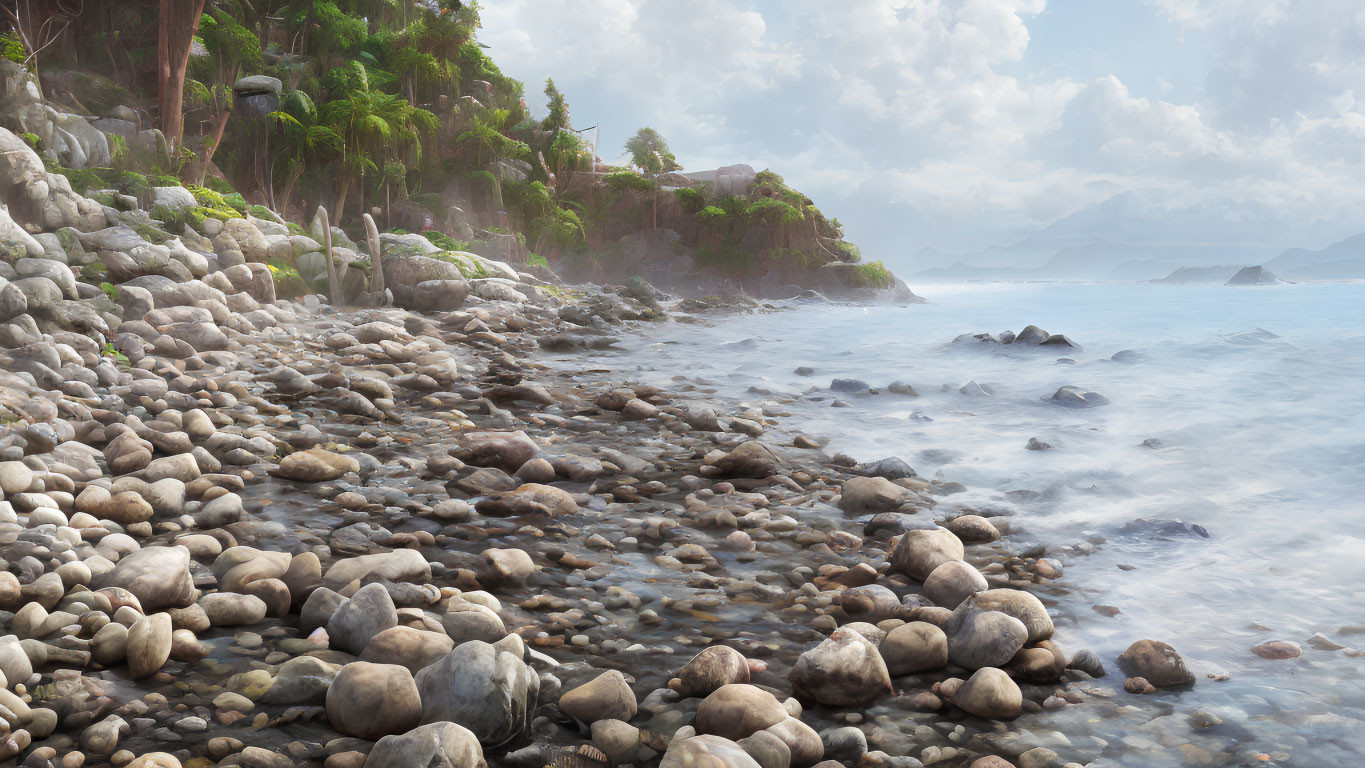 Tranquil pebbled beach with lush greenery and rocky cliffs