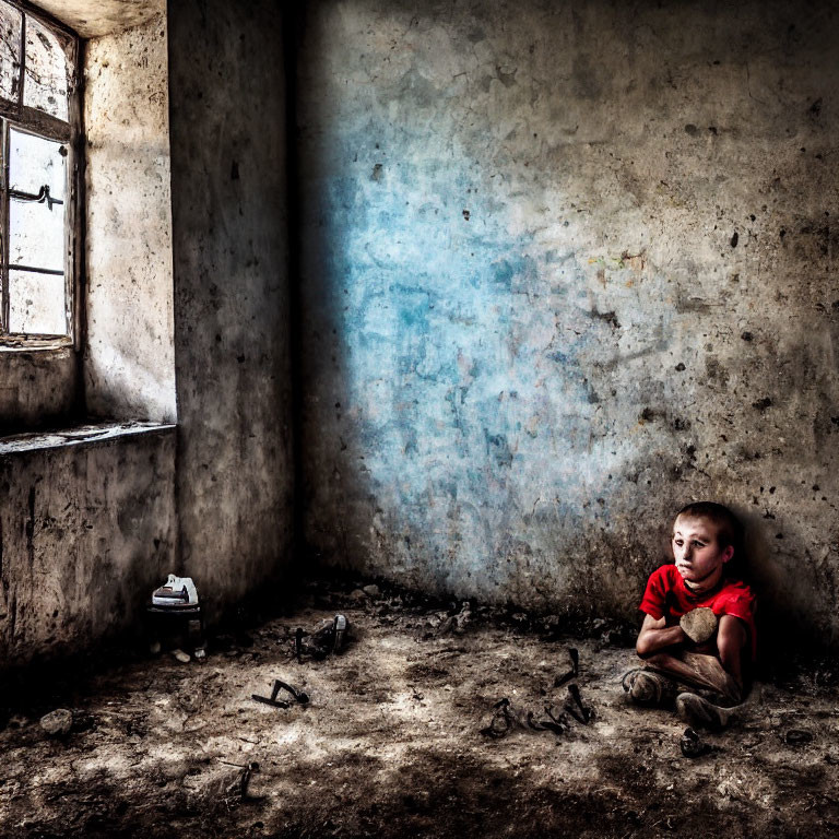 Child in Red Shirt Sitting in Dimly Lit Grungy Room