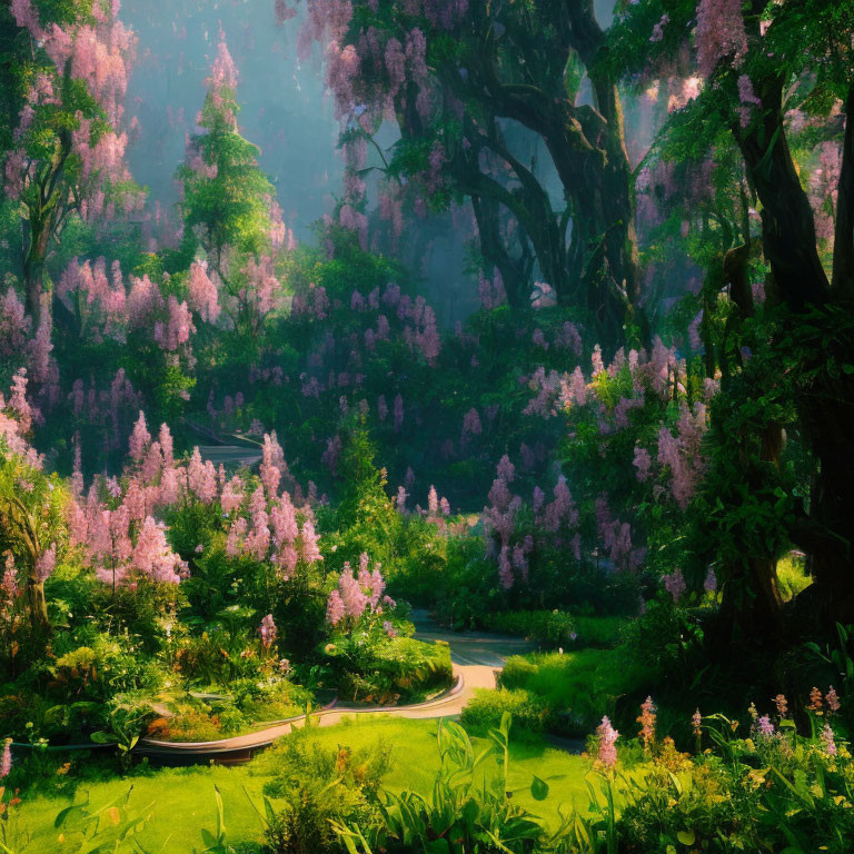 Tranquil Forest Pathway with Greenery and Pink Flowers
