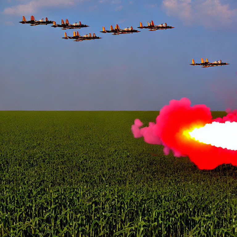 Aircraft Formation Flies Over Green Field with Plane Emitting Flames