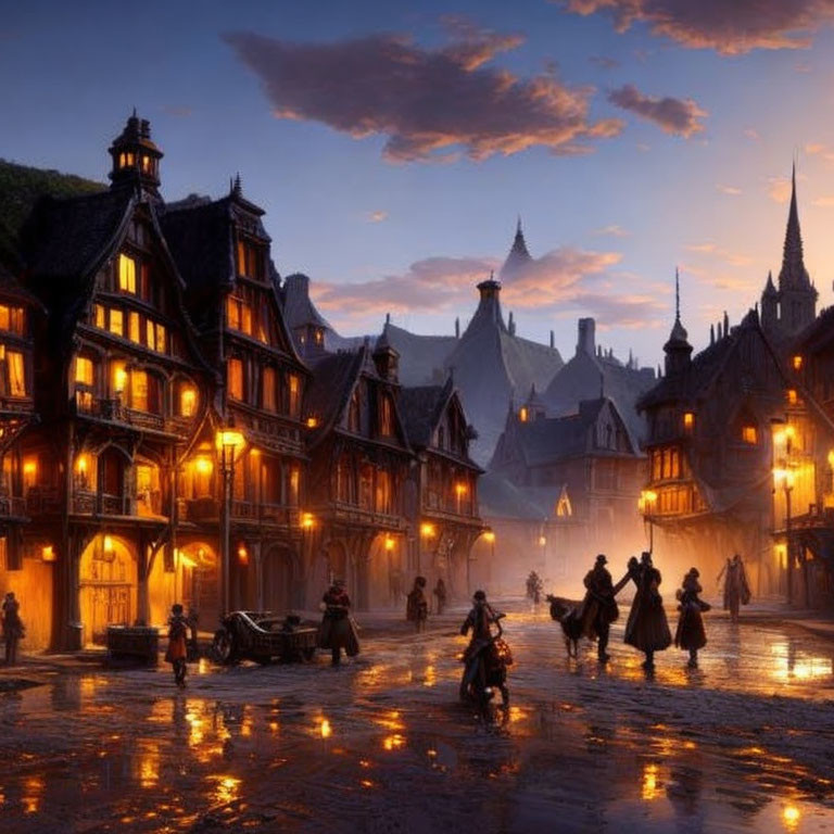 Historical town evening scene with people in period clothing on cobblestone streets.