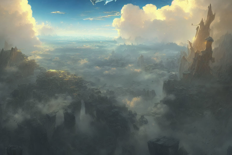 Fantastical Landscape with Towering Spires and Floating Rocks